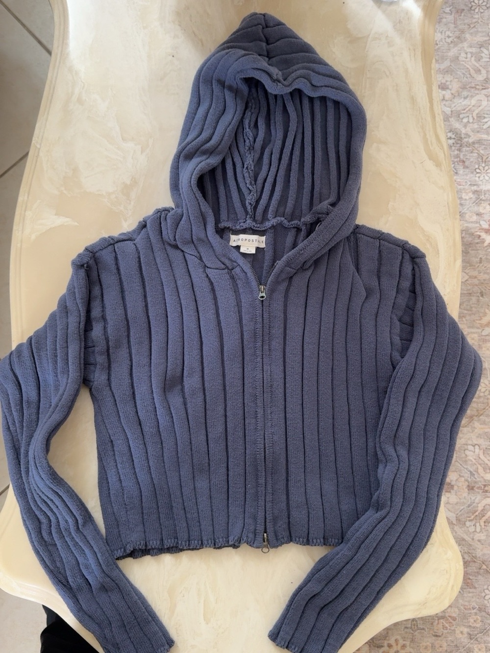Aeropostale Y2K Navy Ribbed Cropped Zip Up Hoodie Medium